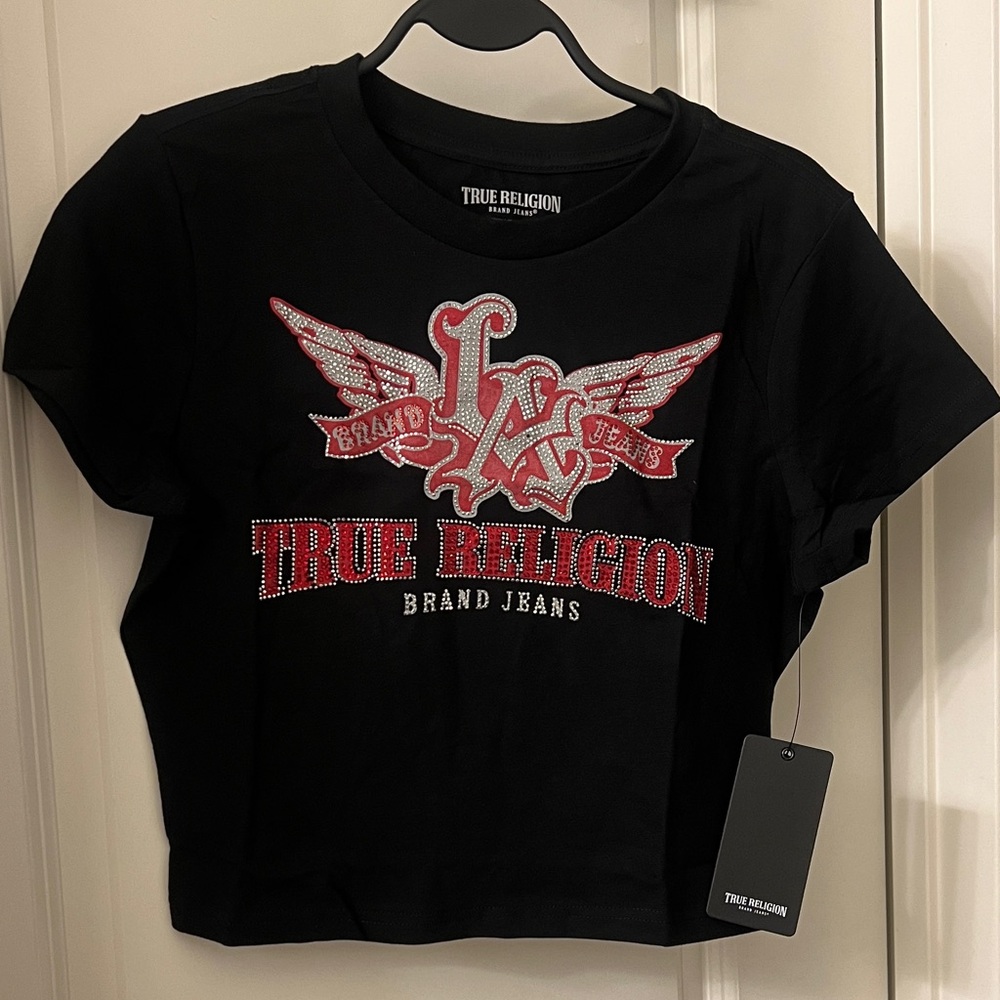 True Religion Black Tee with Red and White Graphic